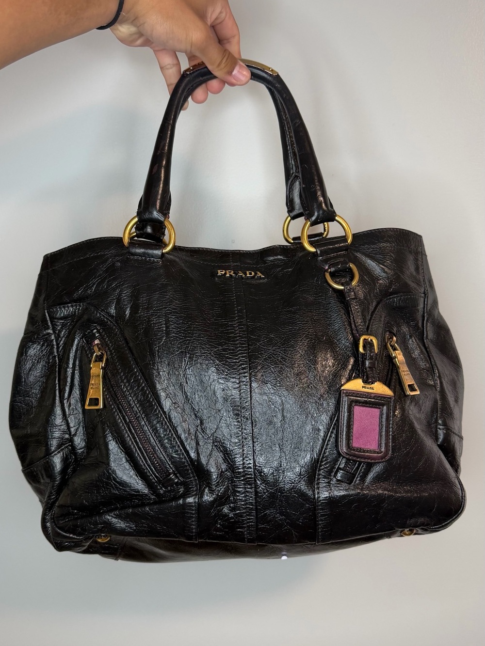 Prada Black Leather Shoulder Bag with Pink Tag
